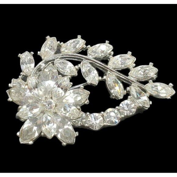 VTG Brooch Marquise Crystal Flower Pin Floral Prongs Silver Foiled Clear Sparkle - Picture 12 of 16